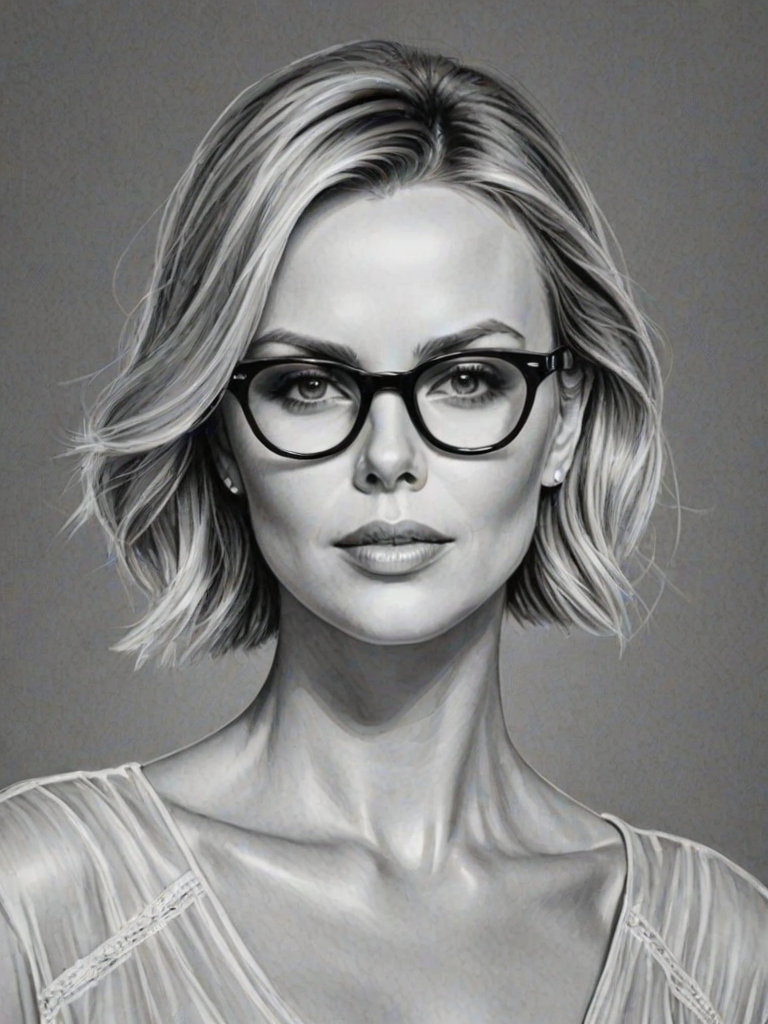 Beautiful Charlize Theron, pencil sketch, portrait of beautiful woman 60s in glasses, hair style beatnik, outline, clear lines, fine lines, 8k