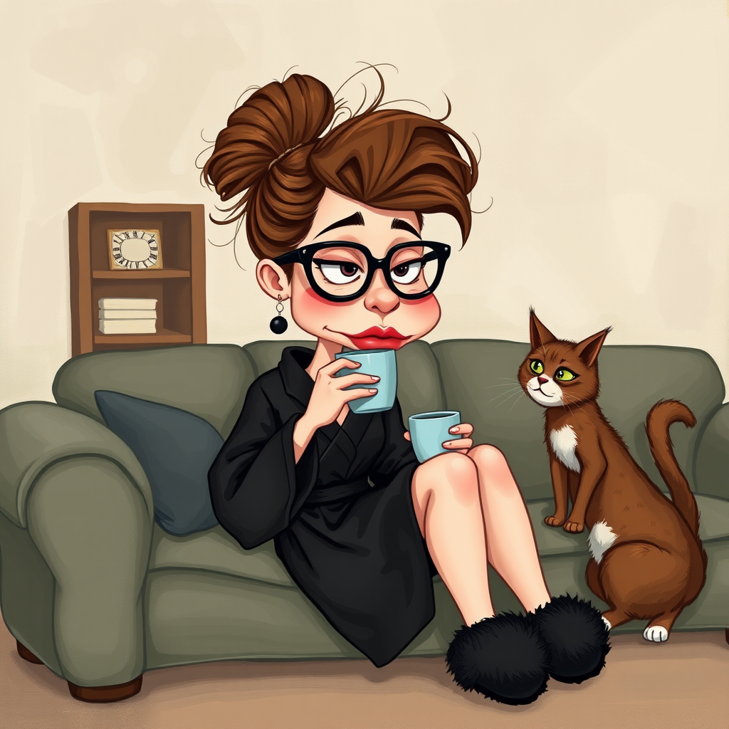 An exaggerated whimsical illustration of a cute silly lady with unruly messy brown bun and black glasses pouty lips and a thinking expression. Shes sitting on the couch, legs folded wearing a black silk robe, black fuzzy slippers. She’s holding her coffee cup and making a deep-in-thought face.  A quirky scruffy cat (dog) looking at her against a mottled, oil painting style soft background living room setting.