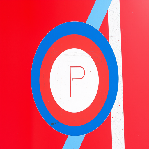 Generate a high-resolution circular no parking sign on a solid red background with a blue circle and diagonal line, shot with a DSLR camera at f/8, ISO 100, 50mm lens, top-down view, natural lighting.