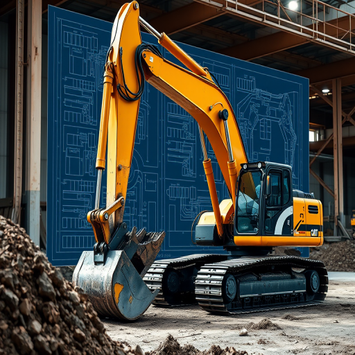 Create a high-resolution image of an excavator in a construction site, featuring a detailed blueprint overlay in the background, taken with a DSLR camera at f/8 aperture, ISO 200, 24mm focal length, shot from a low angle with a slight zoom to emphasize the excavator's details and machinery textures.