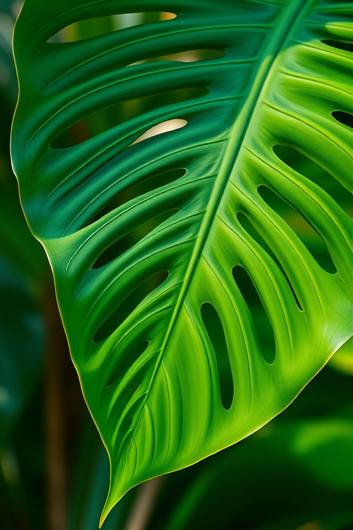 close-up of a large green monstera leaf with intricate cutouts and a blurred green background, using a DSLR camera with a 50mm lens, aperture f/2.8, ISO 100, and natural light to enhance detail and color vibrancy