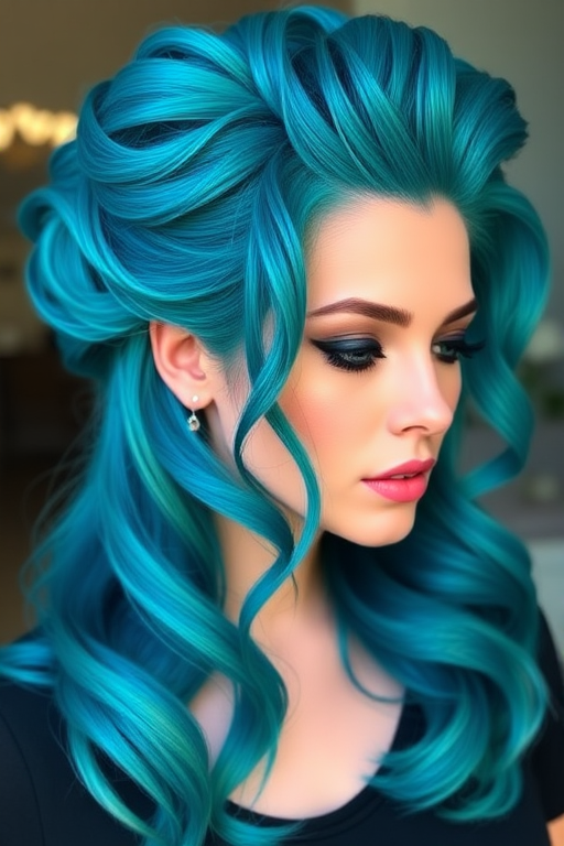 Captivating teal blue hair in a voluminous bouffant style, created by Aqua Skye, featuring a glossy finish with peacock-inspired highlights in shades of emerald and sapphire