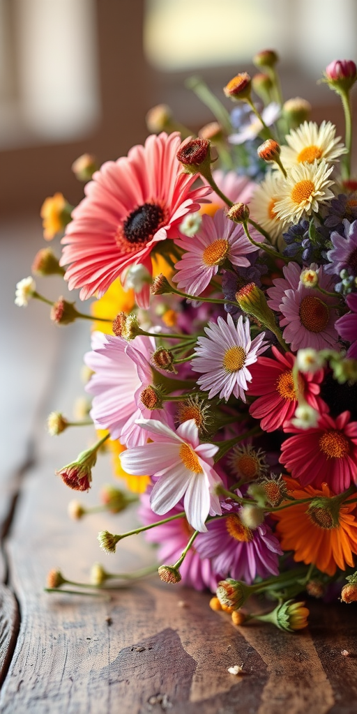 Close-up of a freshly picked bouquet of wildflowers on a rustic wooden table, soft morning light illuminating the vibrant colors, with a faint breeze gently rustling the petals.