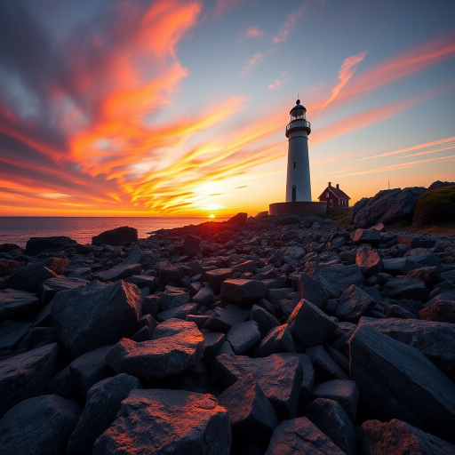 Create a high-resolution image of a lighthouse standing on a rocky shore during sunset, using a DSLR camera with a 50mm lens, aperture f/8, ISO 100, and a tripod for stability, capturing vibrant colors and sharp details.