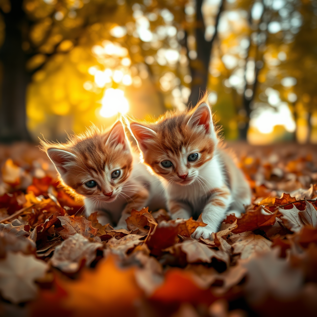 two cute kittens playing in a pile of autumn leaves, soft golden sunlight filtering through the trees, close-up view, shallow depth of field, camera settings: f/2.8, ISO 100, shutter speed 1/500s, DSLR camera, warm color tones, enhanced detail and clarity