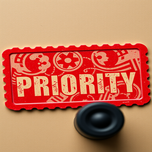 Create an image of a bold red stamp with the word PRIORITY in a distressed font, using a Canon EOS R5 with a 50mm f/1.8 lens, aperture set to f/2.8, shutter speed at 1/100s, ISO 200, captured from a top-down view, styled as a high-resolution digital graphic.