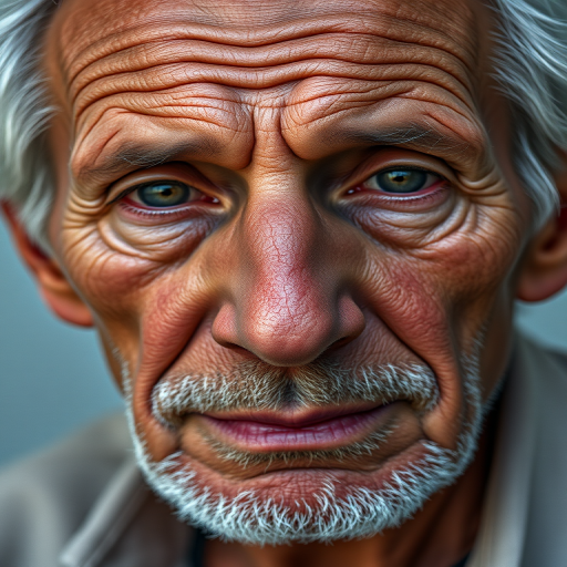 Generate a hyper-realistic portrait of an elderly man with intricate textures, showcasing his facial details and skin imperfections, shot with a Canon EOS 5D Mark IV at 50mm, f/1.8 aperture, ISO 100, natural light, in a studio setting for enhanced clarity and depth.