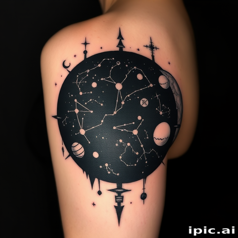 Blackout tattoo with negative space design revealing constellations and celestial bodies, solid black ink with precise white ink details, astronomical accuracy and otherworldly allure