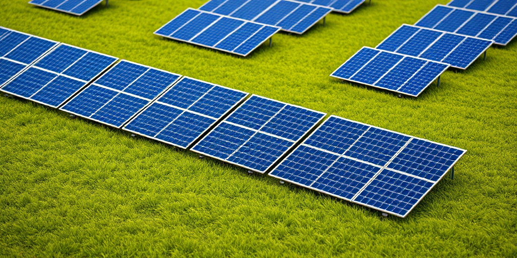 isometric view of a row of solar panels on green grass, high detail, 4K resolution, focal length 50mm, aperture f/8, ISO 100, DSLR camera style
