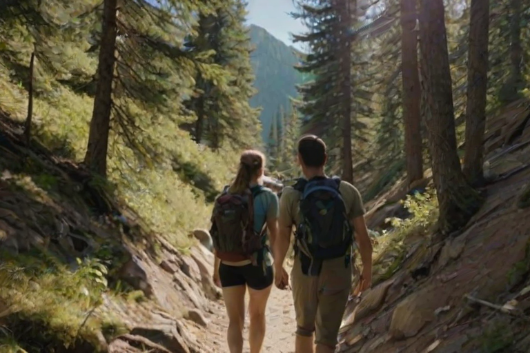 Crisp image of a couple hiking up a mountain trail, backpacks on, mid-conversation, sun filtering through the trees ahead, a stream running alongside the trail, distant mountain peaks barely visible through the trees, shadows stretching across the dirt path.