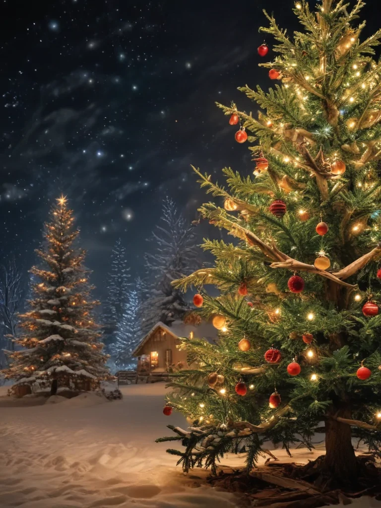 Enchanting Winter Scene with Decorated Christmas Trees Under a Starry Sky