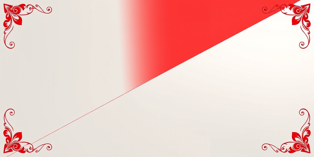 Create a minimalist design featuring a diagonal split between white and red with ornate floral patterns in the corners, using a digital camera with a shallow depth of field, 50mm lens at f/2.8, ISO 100, and a soft focus effect.