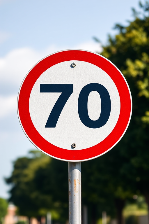 Create an image of a circular traffic sign displaying the number 70 in bold black font within a red border, captured with a 50mm lens at f/2.8, 1/250 sec shutter speed, ISO 100, in natural daylight using a DSLR camera for high clarity.