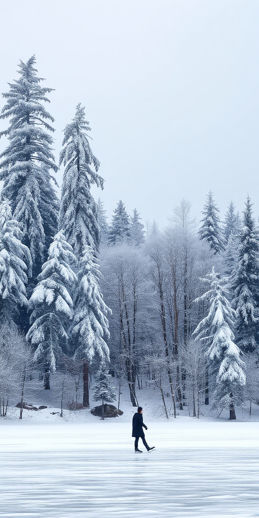 Tranquil winter landscape, with a snow-covered forest, tall pine trees blanketed in white, and a frozen pond in the foreground, with a single figure ice skating gracefully across the surface.