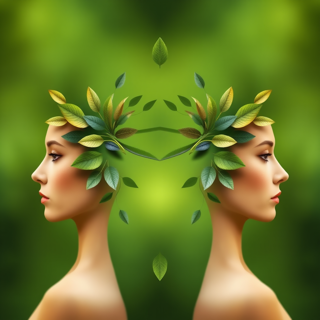 Create a symmetrical design featuring two human faces in profile, with flowing leaf patterns merging into their hair, set against a soft green background, captured with a DSLR camera at f/8, ISO 100, 50mm lens, natural lighting for enhanced clarity and detail.