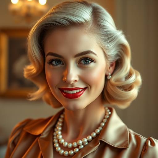 A beautiful Sephardic woman reminiscent of 1950s Hollywood glamour, with perfectly styled blonde hair and a seductive smile, dressed in a satin blouse and adorned with pearls, soft and warm tones, photorealistic, 8K
