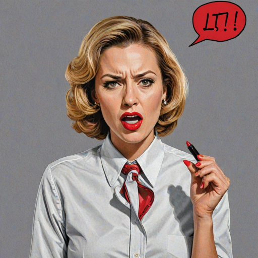 A pop art piece of a very angry wife discovering a lipstick stain on a man's dress shirt. Make the print on his collar. Put a word balloon above the wife's head that says 'It's not my SHADE Bob!!!'