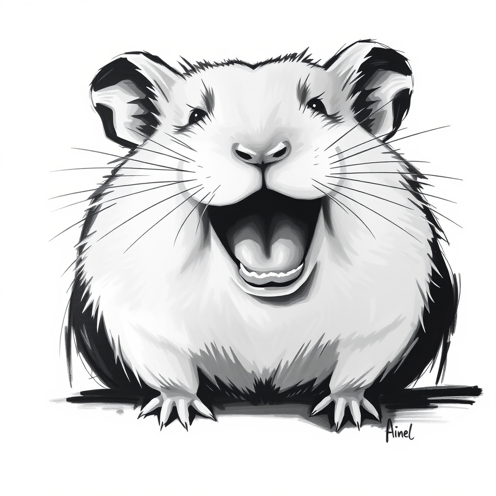 Abstract black and white acrylic portrait of an over exaggerated laughing (hamster). Minimalism style. White background.