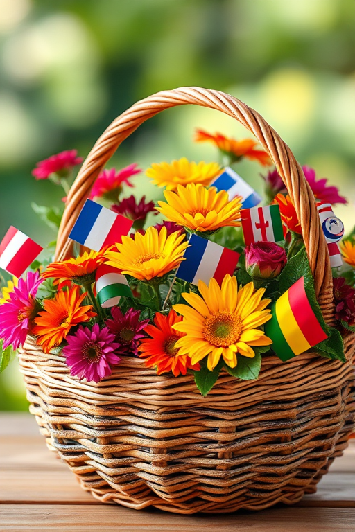 Create an image of a woven basket filled with vibrant flowers, each adorned with various national flags, including symbolic elements representative of peace and unity; use a DSLR camera with a macro lens at f/2.8, ISO 100, and a shallow depth of field to enhance image quality, with natural lighting and a soft-focus background for artistic effect.