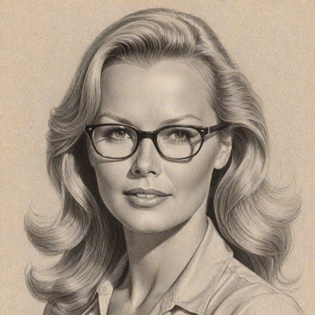 Fascinating Cheryl Ladd, pencil sketch, portrait of Gorgeous woman 1946s in glasses, hair style beatnik, outline, clear lines, fine lines, 8k