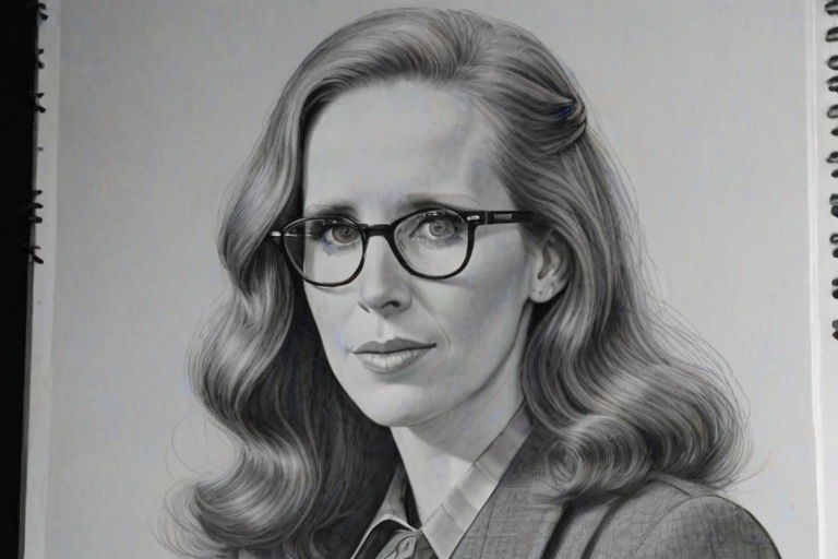 Lovely Catherine Tate, pencil sketch, portrait of Superb woman 1938s in glasses, hair style beatnik, outline, clear lines, fine lines, 8k