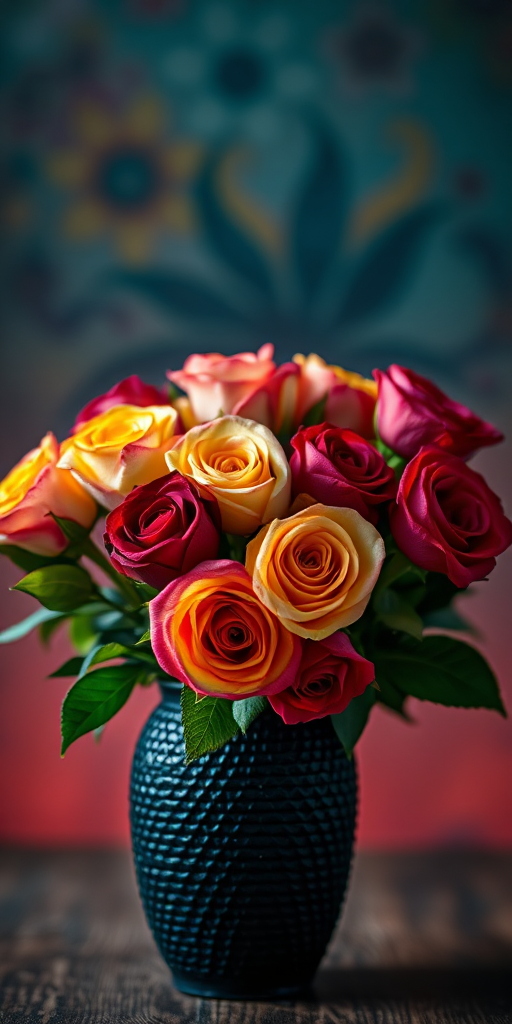 still life of a colorful bouquet of roses in a textured black vase, soft focus background, vibrant lighting, f/2.8 aperture, 50mm lens, ISO 100, shot from a low angle for dramatic effect, using a DSLR camera.