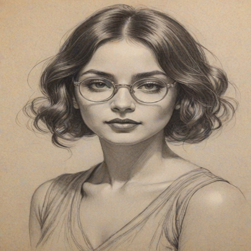 Ravishing Asha Leo, pencil sketch, portrait of Enchanting woman 1924s in glasses, hair style beatnik, outline, clear lines, fine lines, 8k