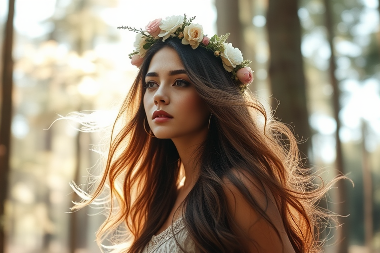 Create a serene portrait of a woman with flowing hair adorned with a floral crown, standing in a sun-drenched forest with dappled light filtering through the trees, shot with a Canon EOS R5, 50mm lens, f/1.8 aperture, ISO 100, in soft focus to enhance the ethereal quality.