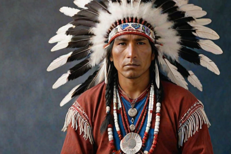 Create a dignified portrait of a Native American man dressed in traditional attire. He wears a beautifully crafted headdress adorned with white feathers and red beads, along with a beaded headband featuring intricate patterns. His clothing includes a deep blue, patterned shirt and a traditional chest piece with detailed beadwork. His arms are crossed, displaying leather armbands decorated with feathers. The background is simple and neutral, emphasizing his proud and stoic expression. The overall image captures the rich cultural heritage and strength of his persona.