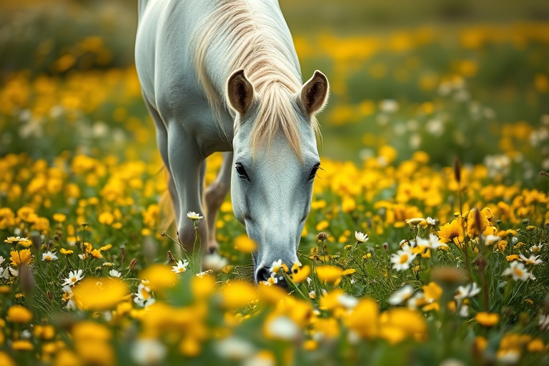 white horse grazing in a field of yellow and white flowers, shallow depth of field, 50mm lens, f/2.8 aperture, ISO 100, natural lighting, captured with a DSLR camera
