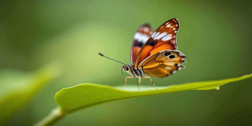 Close-up of a butterfly perched on a green leaf with a blurred background, 50mm lens, f/2.8 aperture, ISO 100, natural light, macro photography, DSLR camera.