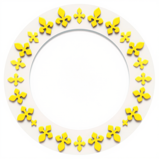 Create a circular design featuring yellow fleur-de-lis symbols evenly spaced around the circumference with a transparent center, captured with a DSLR camera, aperture f/5.6, ISO 100, 50mm lens, centered view, high contrast, and vibrant colors.