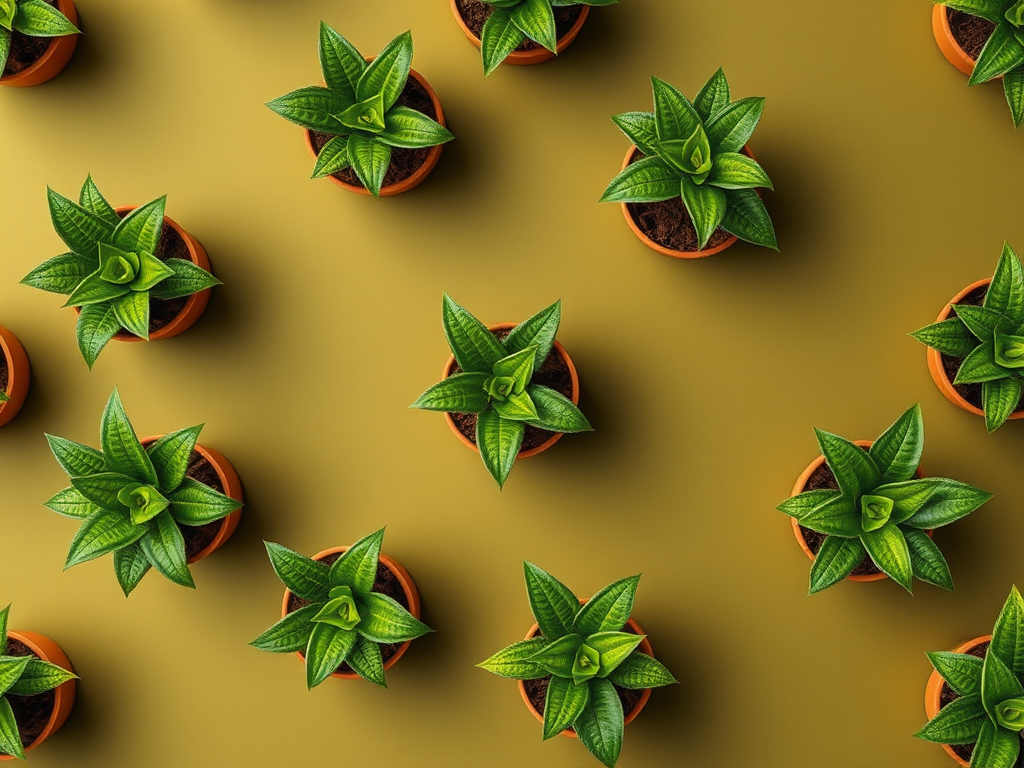 Create a seamless pattern of potted plants with vibrant green leaves on a muted olive background, using a Canon EOS R5 with a 50mm f/1.2 lens, aperture set to f/8, ISO 100, and a top-down view to emphasize the arrangement and texture.