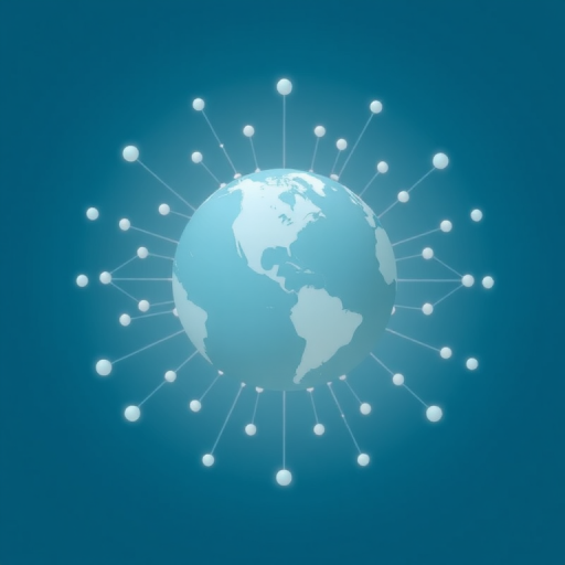 Create an abstract representation of a globe surrounded by interconnected dots on a gradient blue background, using a Canon EOS R5 with a 50mm lens, aperture f/1.8, ISO 100, shot from a top-down view at a moderate distance to enhance details and clarity.