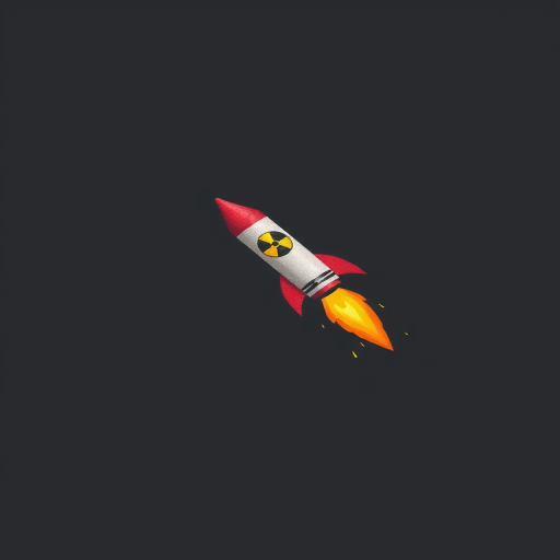 Create a minimalist illustration of a rocket shaped like a colored crayon, with a nuclear symbol on it, launching with bright orange and yellow flames, set against a dark gray background, captured with a digital camera in macro mode, f/2.8 aperture, ISO 100, at a 50mm focal length.
