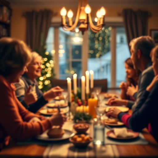 Blurry candid shot of a family gathering around a dining table for a holiday meal, warm candlelight flickering, and soft laughter echoing as they share stories.