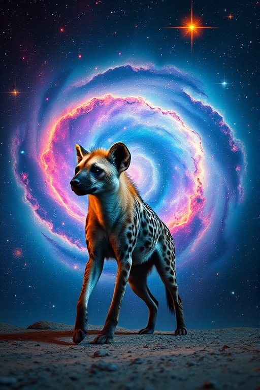 Create a high-resolution image of a cosmic hyena standing in a vibrant, swirling galaxy with bright stars and colorful nebulae, captured with a DSLR camera at f/2.8, ISO 100, shutter speed 1/125 sec, from a slightly low angle, with a wide-angle lens for enhanced depth and detail.
