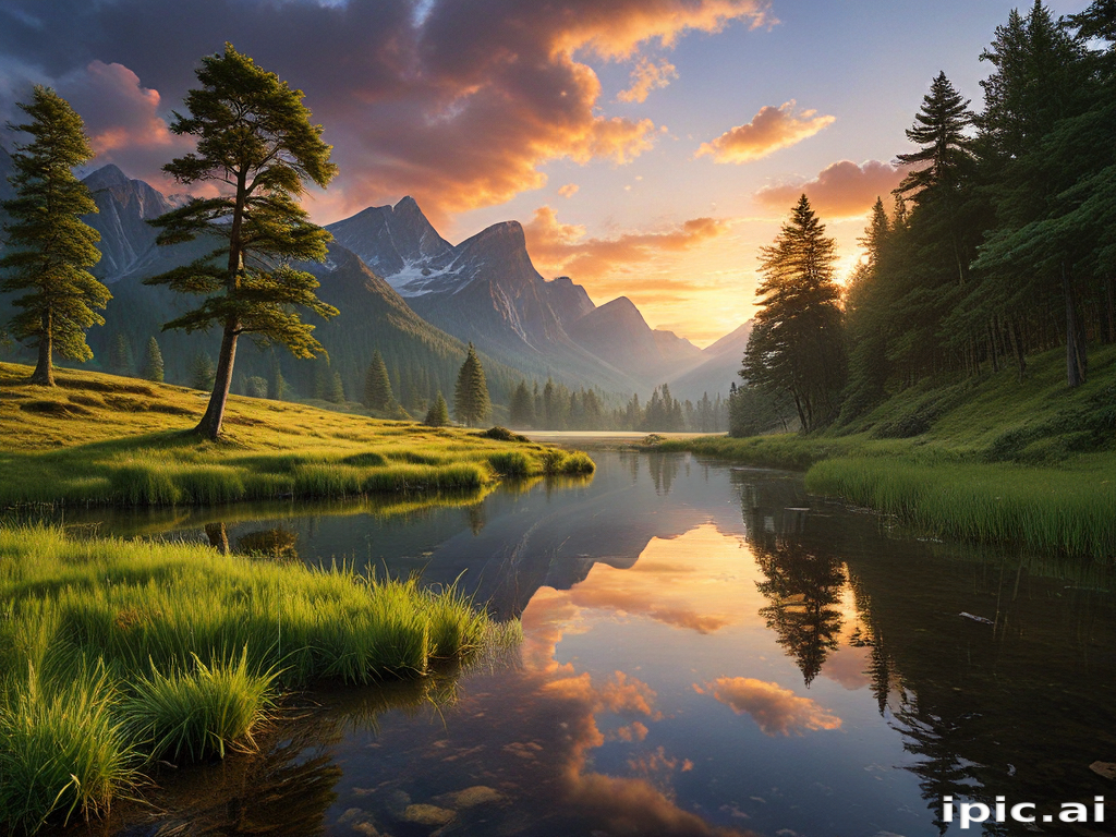 Serene Mountain Landscape at Sunset with Reflective River and Lush Greenery