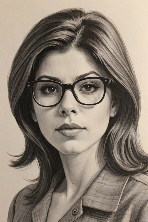 Alluring Marissa Tomei, pencil sketch, portrait of Captivating woman 1966s in glasses, hair style beatnik, outline, clear lines, fine lines, 8k
