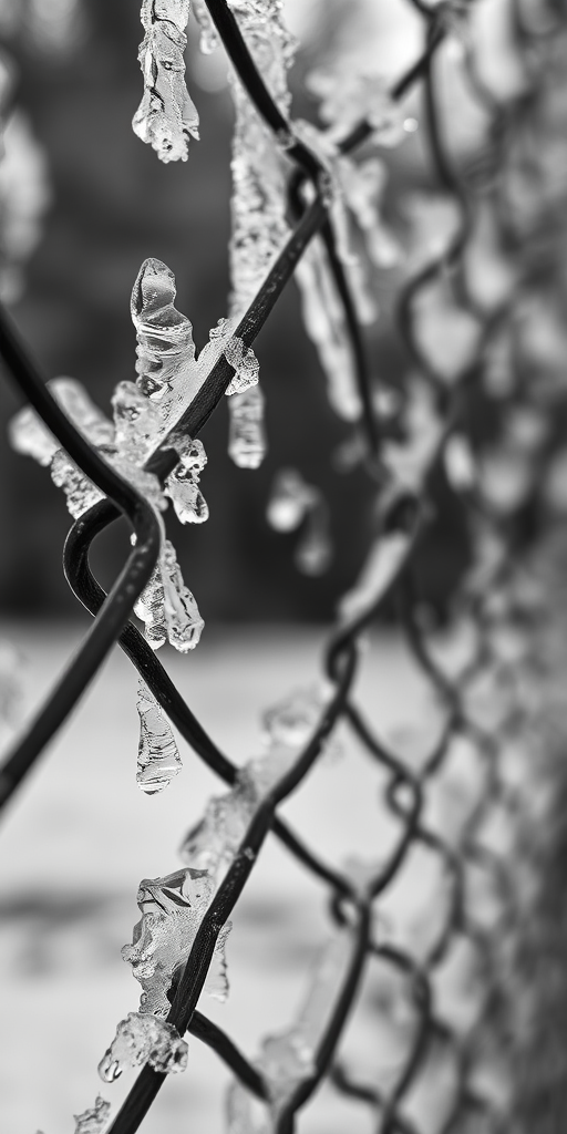 Capture a close-up of a frozen chain-link fence in black and white, with the focus on the intricate ice patterns, using a DSLR camera, 50mm lens, aperture f/2.8, ISO 200, shutter speed 1/250 sec, and a shallow depth of field to emphasize the texture of the ice.