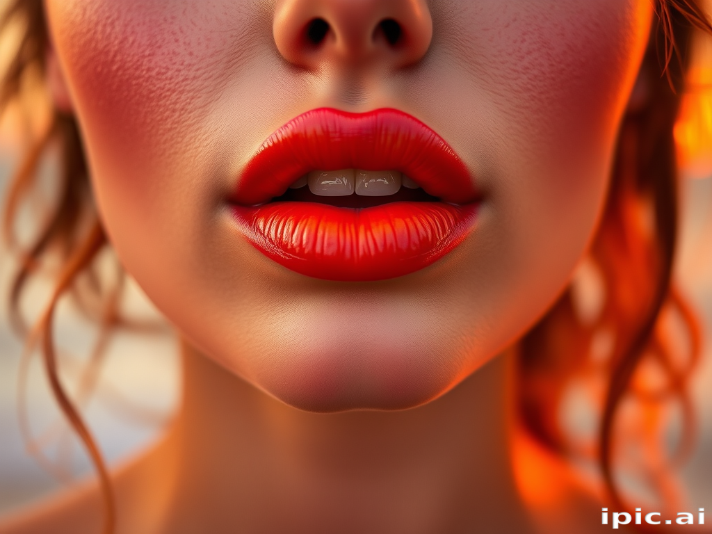 Ombre sunset woman lips blending warm oranges and pinks, capturing the essence of a tropical paradise