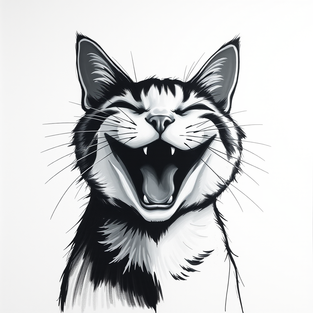 Abstract black and white acrylic portrait of an over exaggerated laughing (cat). Minimalism style. White background.