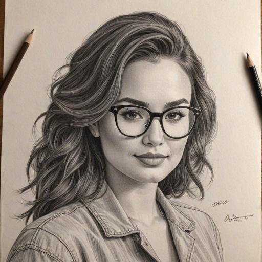 Charming Demi Lovato, pencil sketch, portrait of Fascinating woman 1953s in glasses, hair style beatnik, outline, clear lines, fine lines, 8k