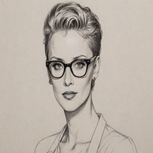 Pleasing Lori Petty, pencil sketch, portrait of Enticing woman 1967s in glasses, hair style beatnik, outline, clear lines, fine lines, 8k