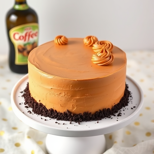 A beautifully decorated round cake on a white pedestal with a smooth caramel-colored frosting decorated with swirls on top and chocolate sprinkles around the base with a bottle of coffee liqueur in the background and a light fabric with gold polka dots beneath it.