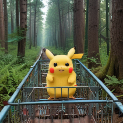 pikachu inside shopping cart in anime forest
