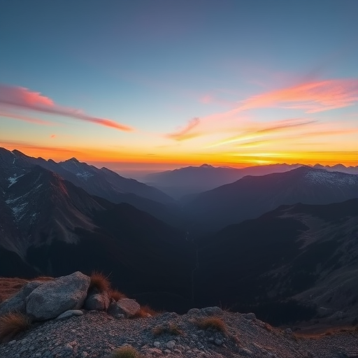 Create a high-resolution image of a serene mountain landscape during sunrise with vibrant colors, using a DSLR camera set to ISO 100, aperture f/11, shutter speed 1/125 sec, taken from a wide-angle view, in landscape orientation, with a soft focus style.