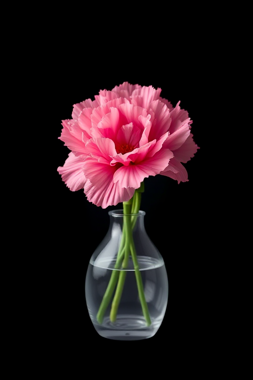 Create an illustration of a pink carnation in a clear glass vase on a black background with high detail, soft focus, aperture f/2.8, ISO 100, 50mm lens, macro photography style.