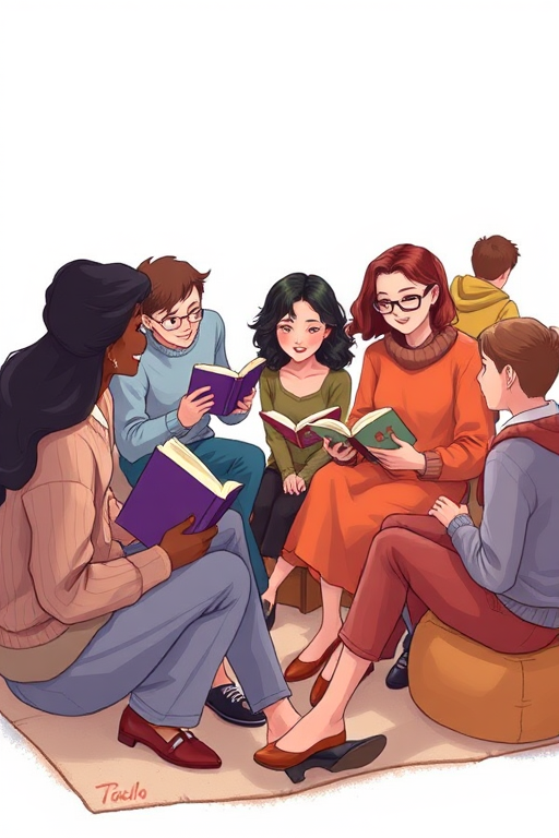 Create an illustration of a diverse group of six people sitting in a circle, each holding a book, engaging in conversation, with a warm and inviting atmosphere, using a high-resolution digital art style, soft lighting, focal length of 50mm, aperture set at f/2.8 for a shallow depth of field, emphasizing expressions and details.