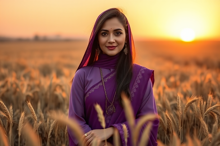 Regenerate a high-quality portrait of a woman in a purple traditional outfit standing in a golden wheat field at sunset, with the camera settings: f/2.8, ISO 100, shutter speed 1/100, using a 85mm lens, captured from eye level with a soft focus background to enhance the warm golden tones.
